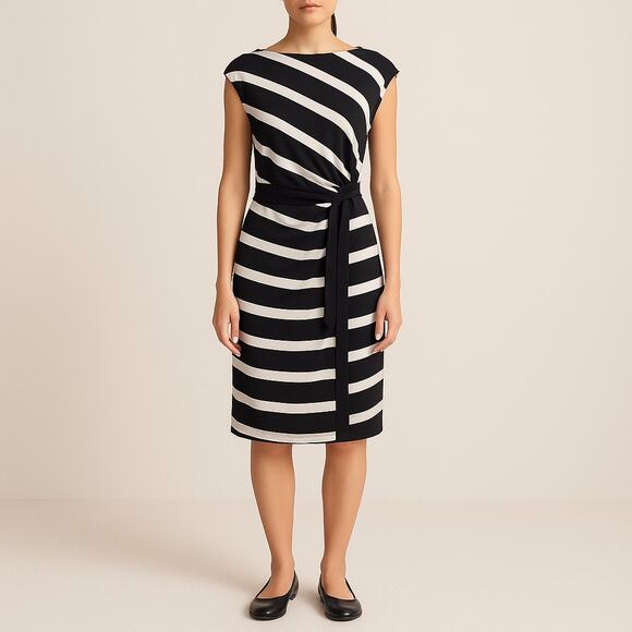 Ann Taylor Black White Striped Belted Sheath Dress Medium Work Cocktail - Picture 1 of 6